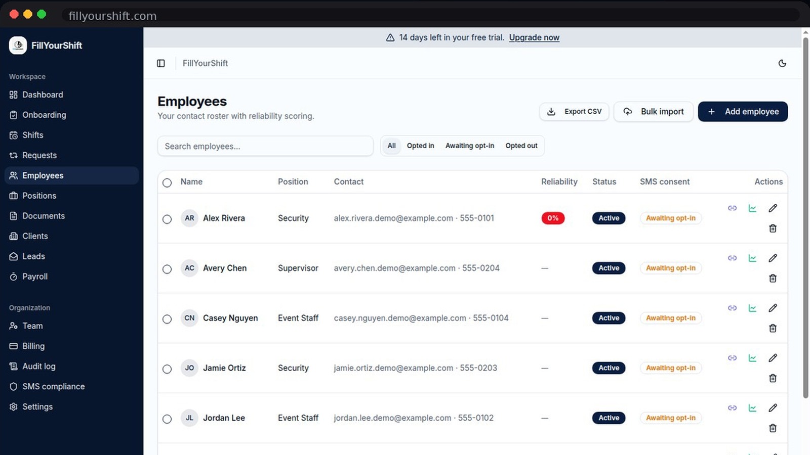 FillYourShift Employees roster showing worker positions, reliability, status, and SMS consent